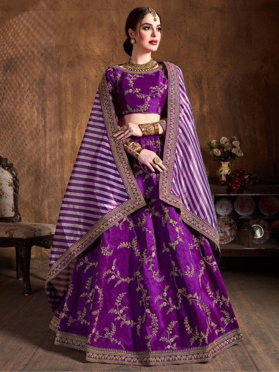 Amazing Purple Embroidered Mulberry Silk Sangeet Wear Lehenga Choli