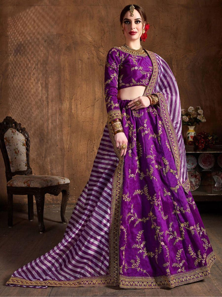 Amazing Purple Embroidered Mulberry Silk Sangeet Wear Lehenga Choli