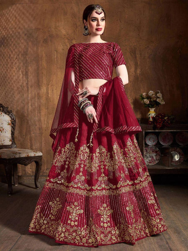 Adorable Red Embroidered Art Silk Wedding Wear Lehenga Choli