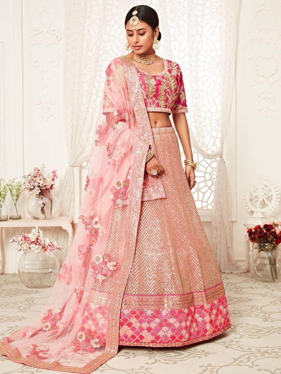 Fascinating Pink Embroidered Soft Net Wedding Wear Lehenga Choli