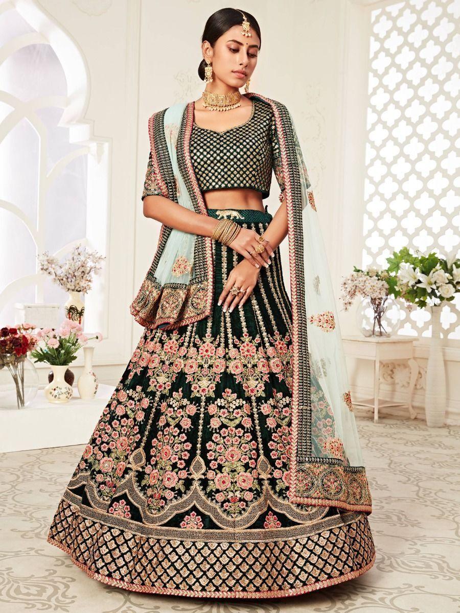 Impressive Green Embroidered Velvet Wedding Wear Lehenga Choli