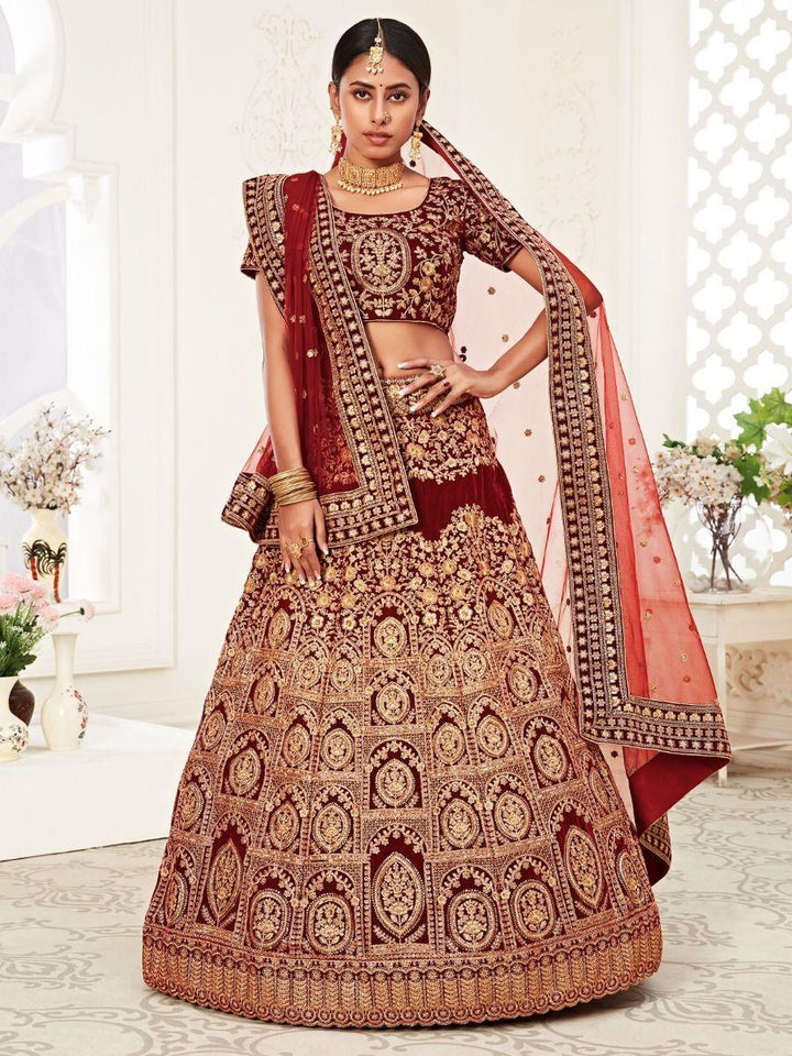 Impressive Red Embroidered Work Velvet Bridal Wear Lehenga Choli