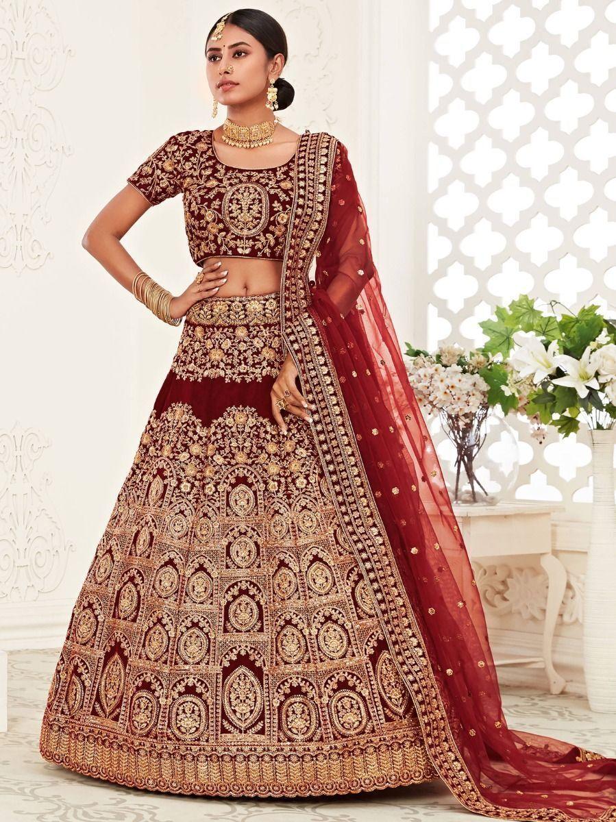 Impressive Red Embroidered Work Velvet Bridal Wear Lehenga Choli