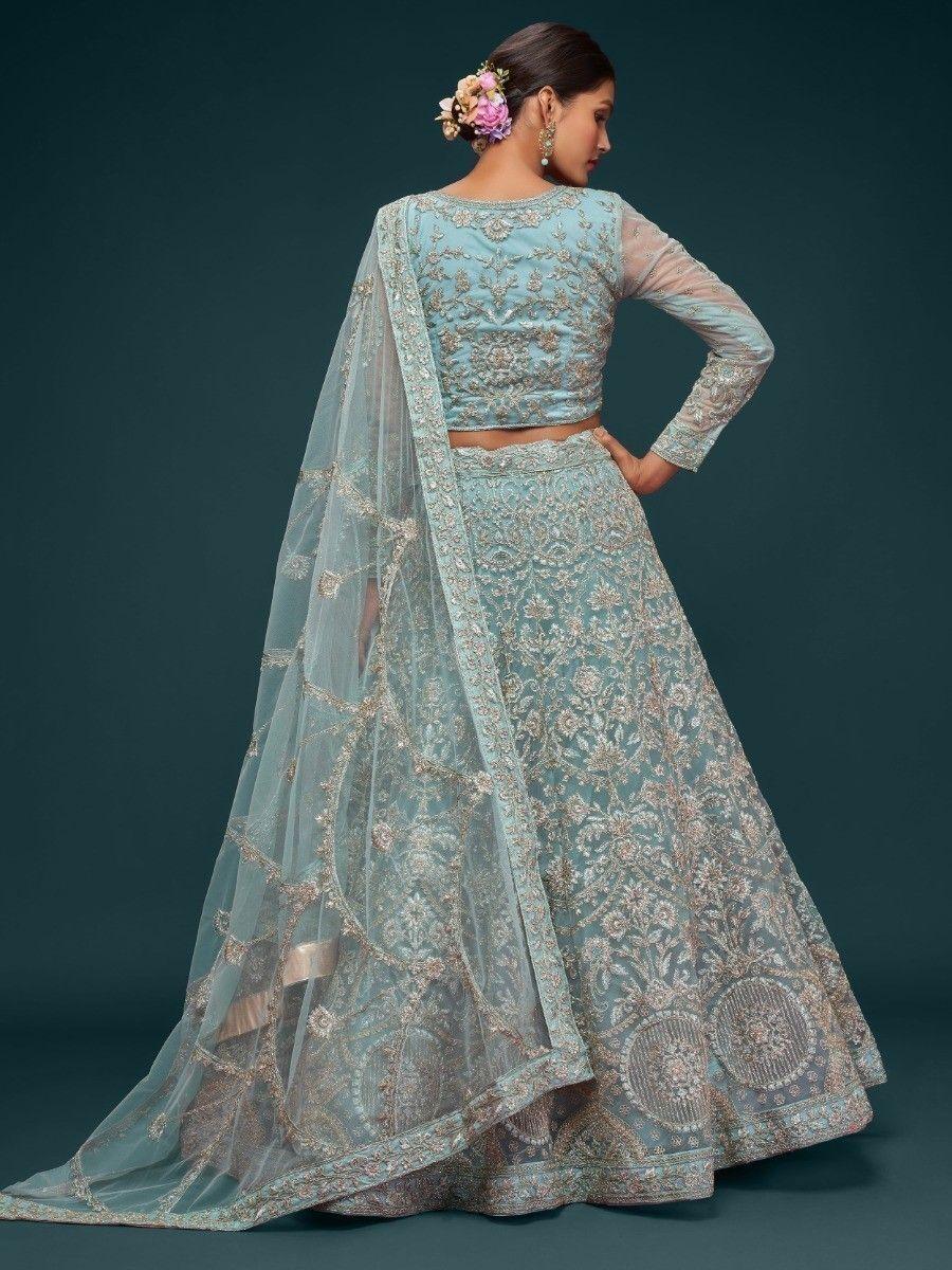 Beautiful Sea Blue Embroidered Soft Net Lehenga Choli With Dupatta
