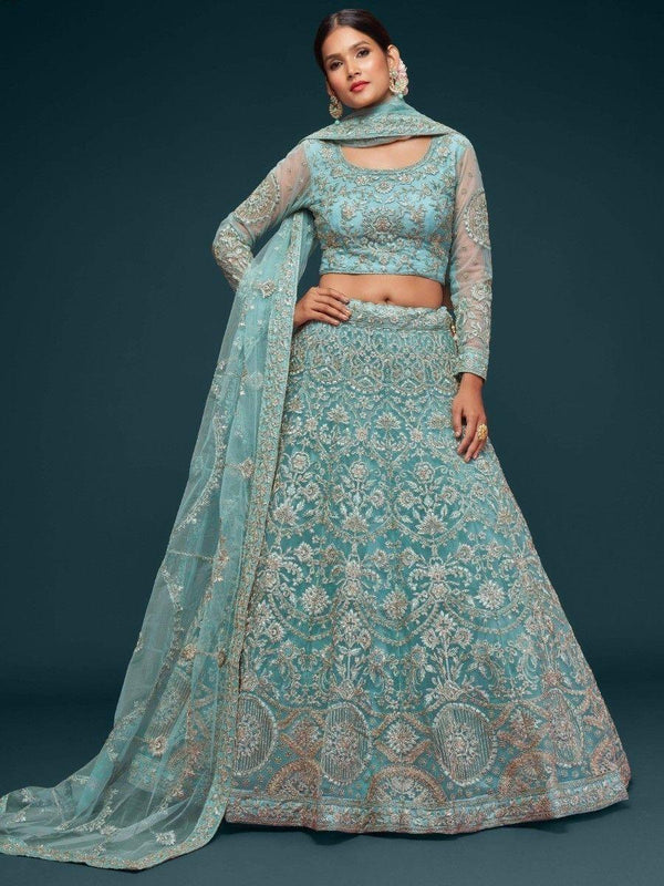 Beautiful Sea Blue Embroidered Soft Net Lehenga Choli With Dupatta