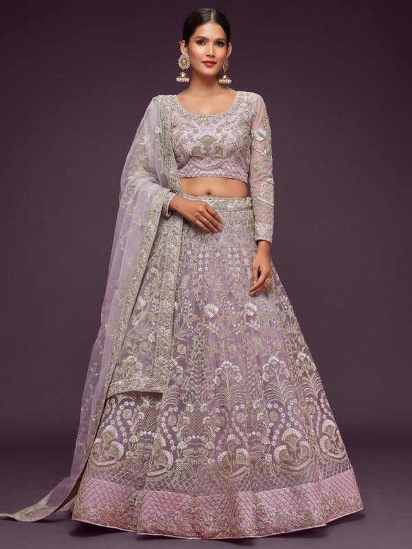 Attractive Lilac Embroidered Soft Net Wedding Wear Lehenga Choli