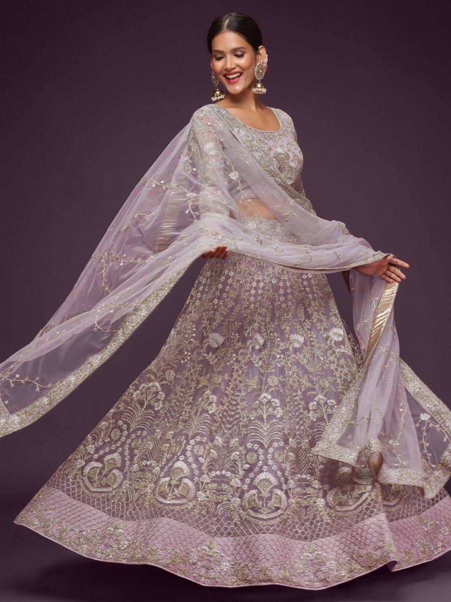 Attractive Lilac Embroidered Soft Net Wedding Wear Lehenga Choli