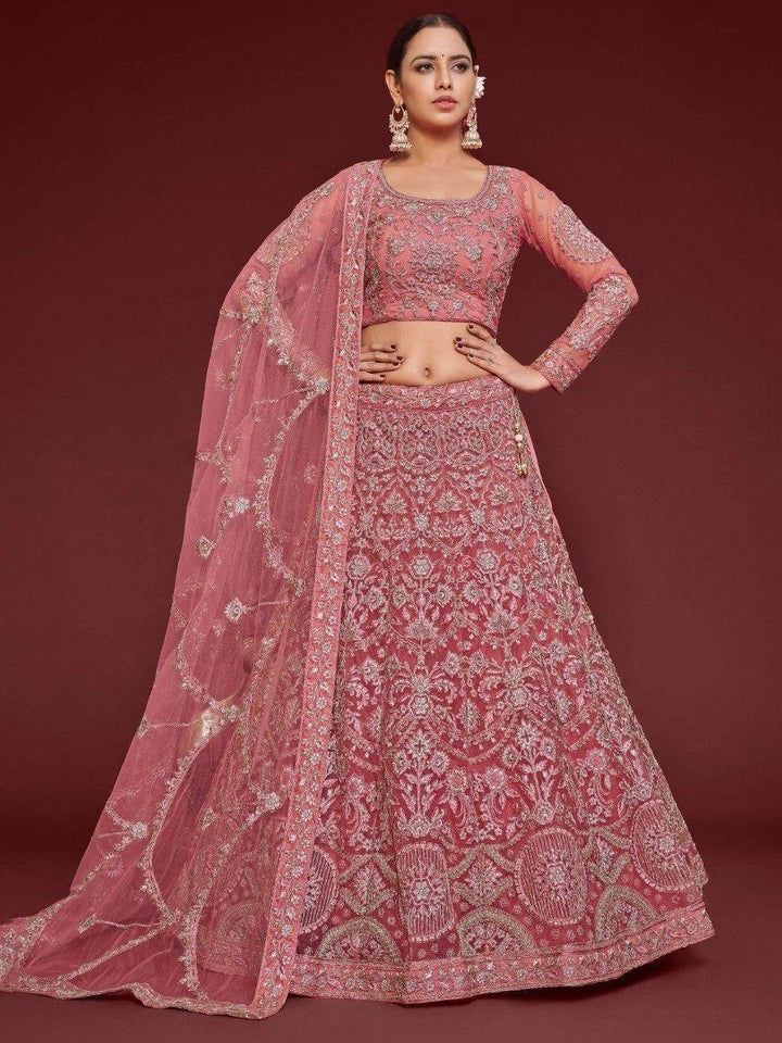 Cute Rose Pink Embroidered Soft Net Traditional Lehenga Choli