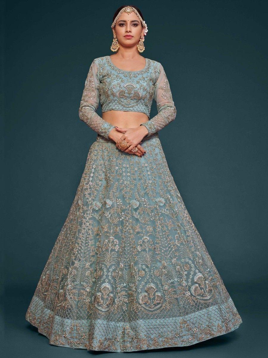 Fetching Aqua Blue Embroidered Soft Net Lehenga Choli With Dupatta