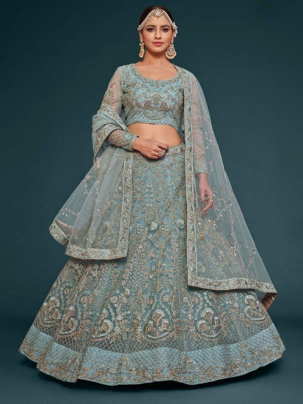 Fetching Aqua Blue Embroidered Soft Net Lehenga Choli With Dupatta