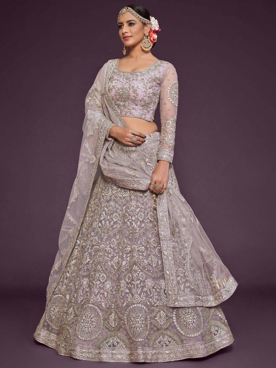 Precious Lilac Embroidered Soft Net Lehenga Choli With Dupatta