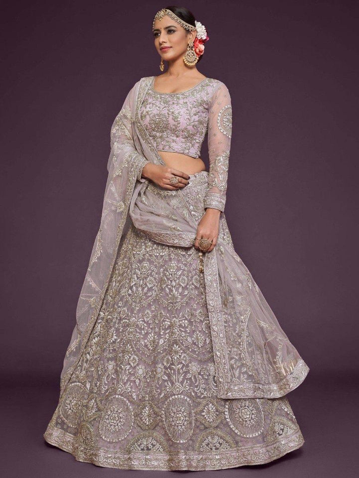 Precious Lilac Embroidered Soft Net Lehenga Choli With Dupatta