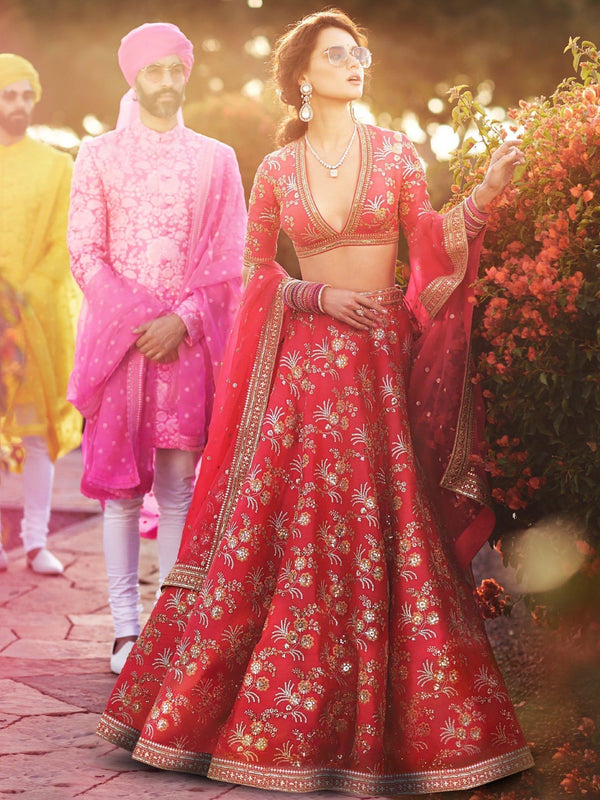 Hypnotic Red Colored Wedding Wear Embroidered Satin Lehenga Choli