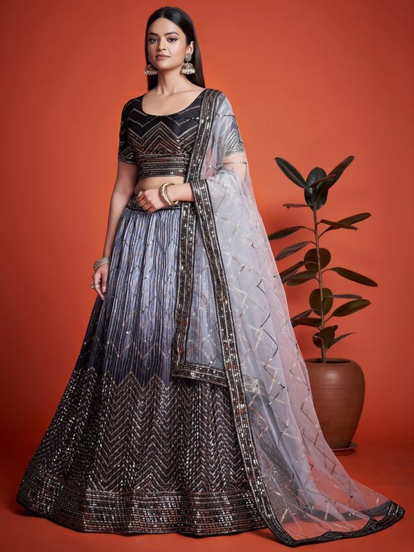 Stunning Black Sequins Chinon Party Wear Lehenga Choli With Dupatta