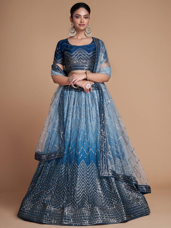 Pretty Blue Sequins Chinon Festive Wear Lehenga Choli With Dupatta