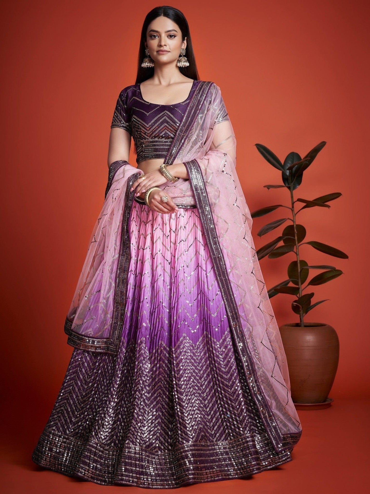 Ravishing Purple Sequins Chinon Lehenga Choli With Dupatta