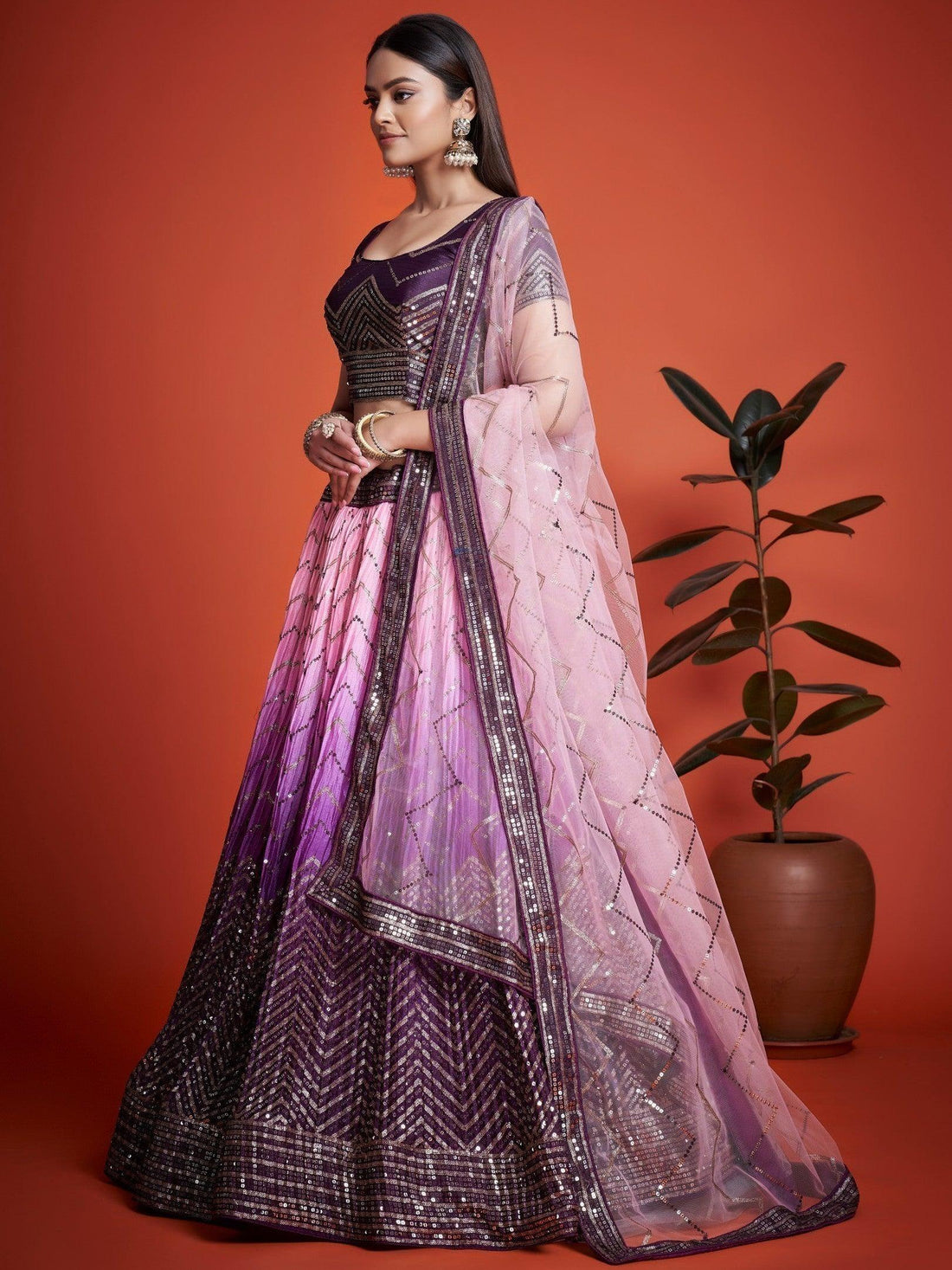 Ravishing Purple Sequins Chinon Lehenga Choli With Dupatta