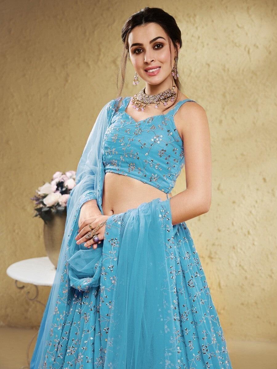 Beautiful Sky-Blue Sequins Georgette Lehenga Choli With Dupatta
