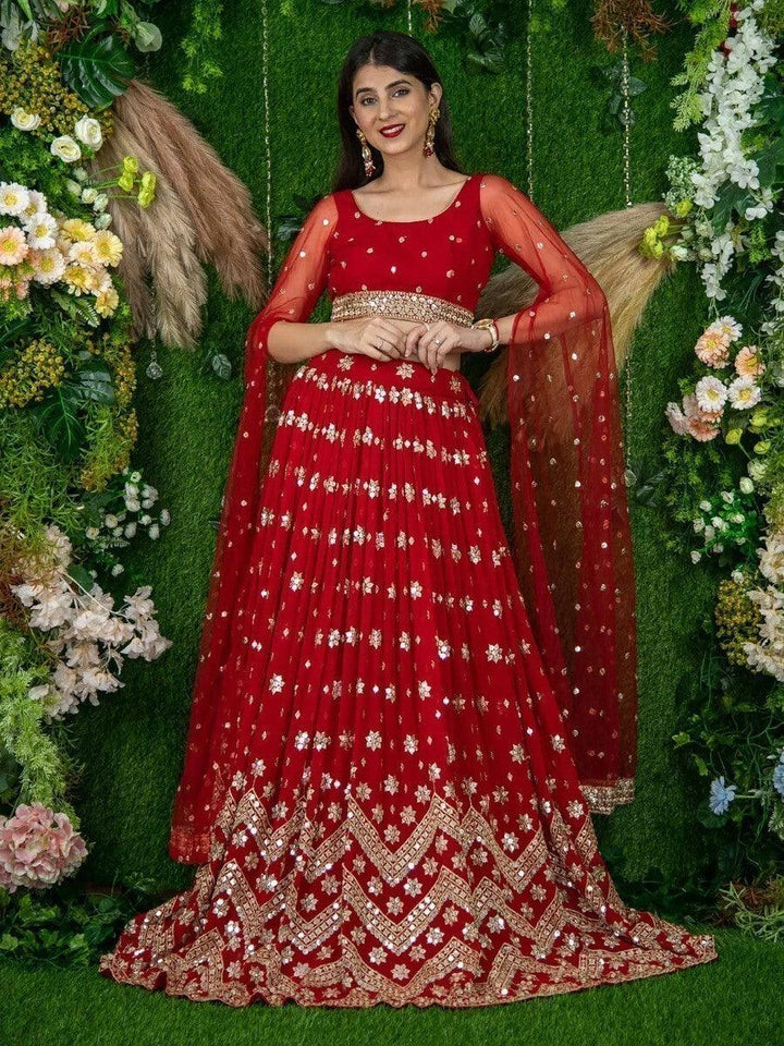 Glamorous Red Sequins Georgette Engagement Wear Lehenga Choli