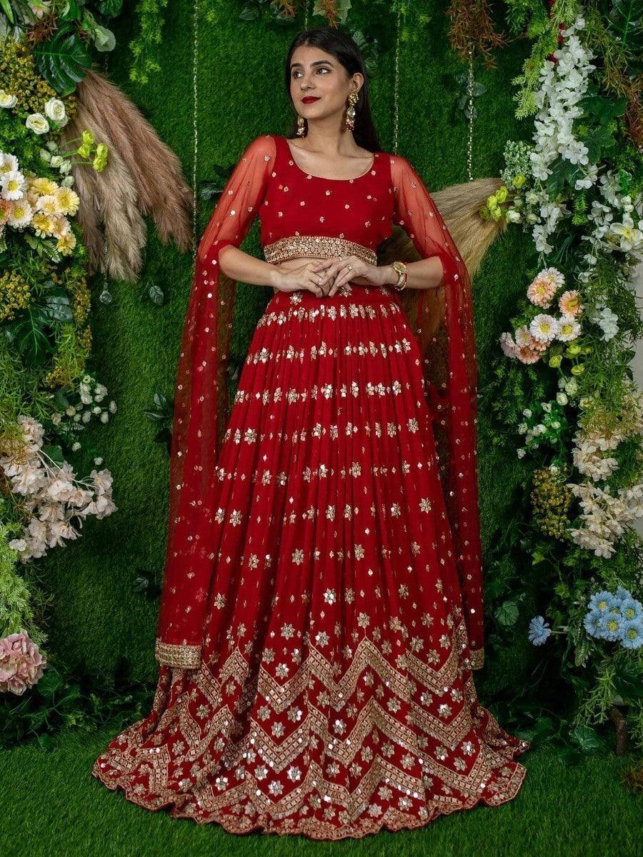 Glamorous Red Sequins Georgette Engagement Wear Lehenga Choli