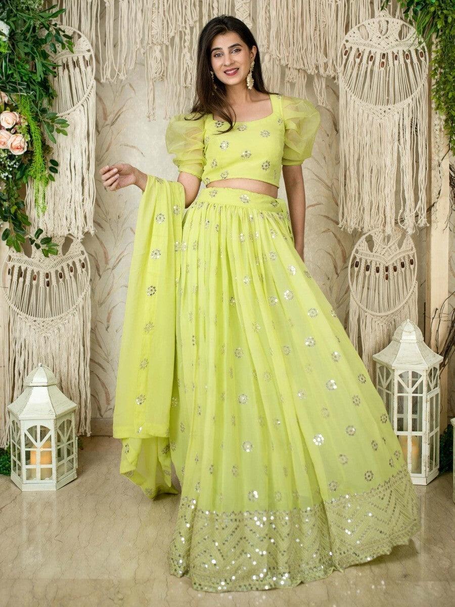 Fantastic Lime Green Sequins Georgette Engagment Wear Lehenga Choli