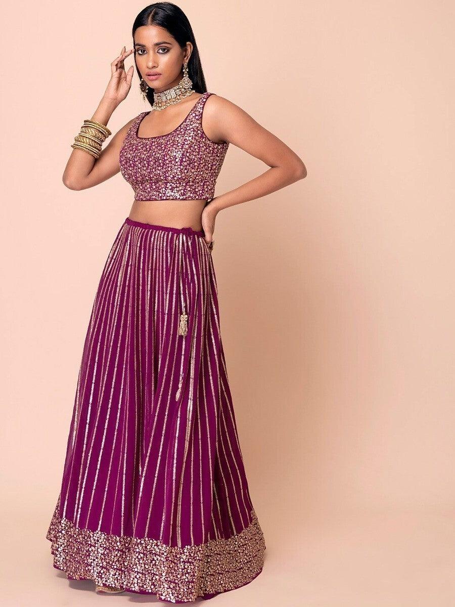 Great Dark Purple Sequin Georgette Engagement Wear Lehenga Choli