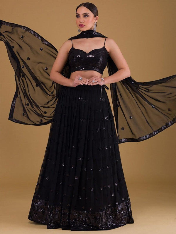 Fabulous Black Embroidered Georgette Reception Wear Lehenga Choli