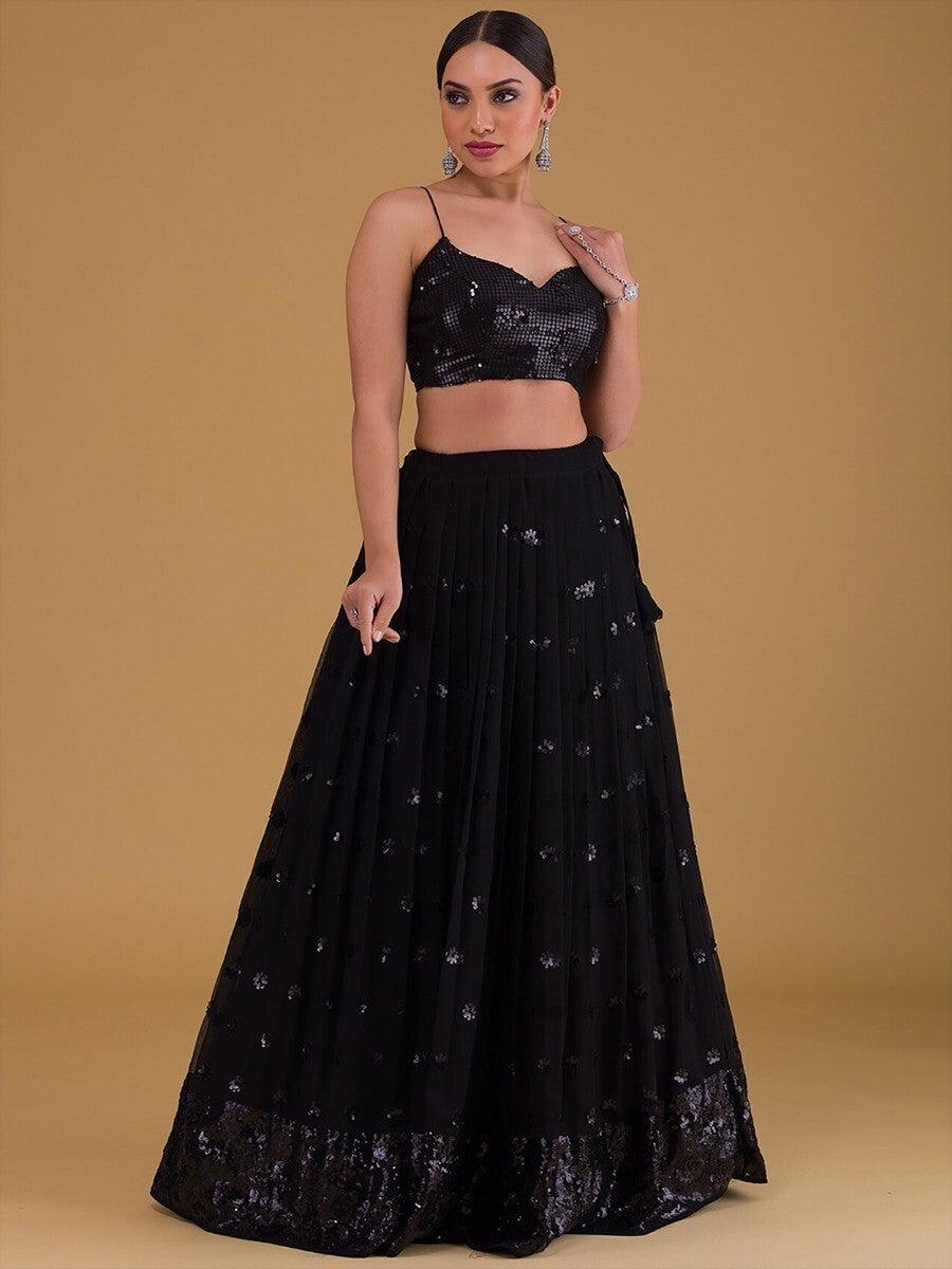 Fabulous Black Embroidered Georgette Reception Wear Lehenga Choli