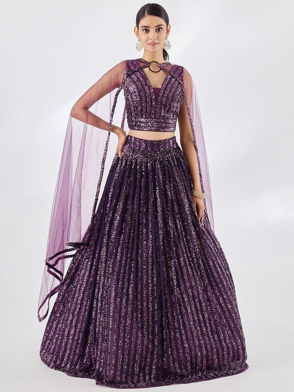 Wonderful Wine Sequins Georgette Party Wear Lehenga Choli With Dupatta