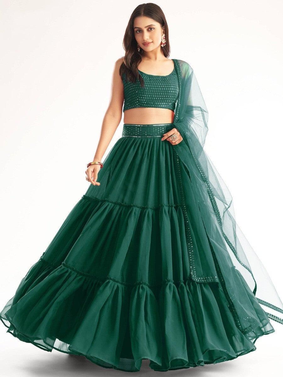 Awesome Green Sequins Georgette Party Wear Lehenga Choli With Dupatta