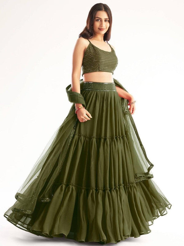 Captivating Mehndi Green Sequins Georgette Party Wear Lehenga Choli