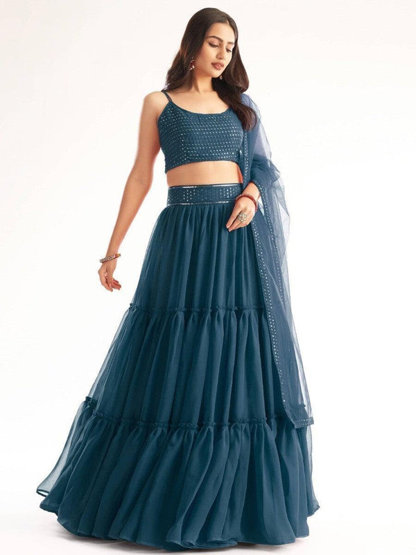 Attractive Teal Blue Sequins Georgette Reception Wear Lehenga Choli