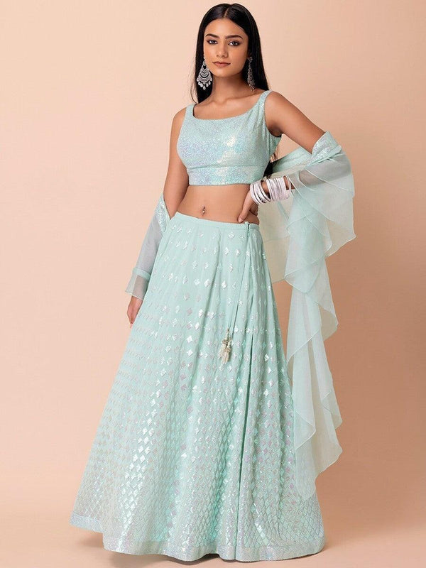 Appealing Sky-Blue Sequins Georgette Wedding Wear Lehenga Choli