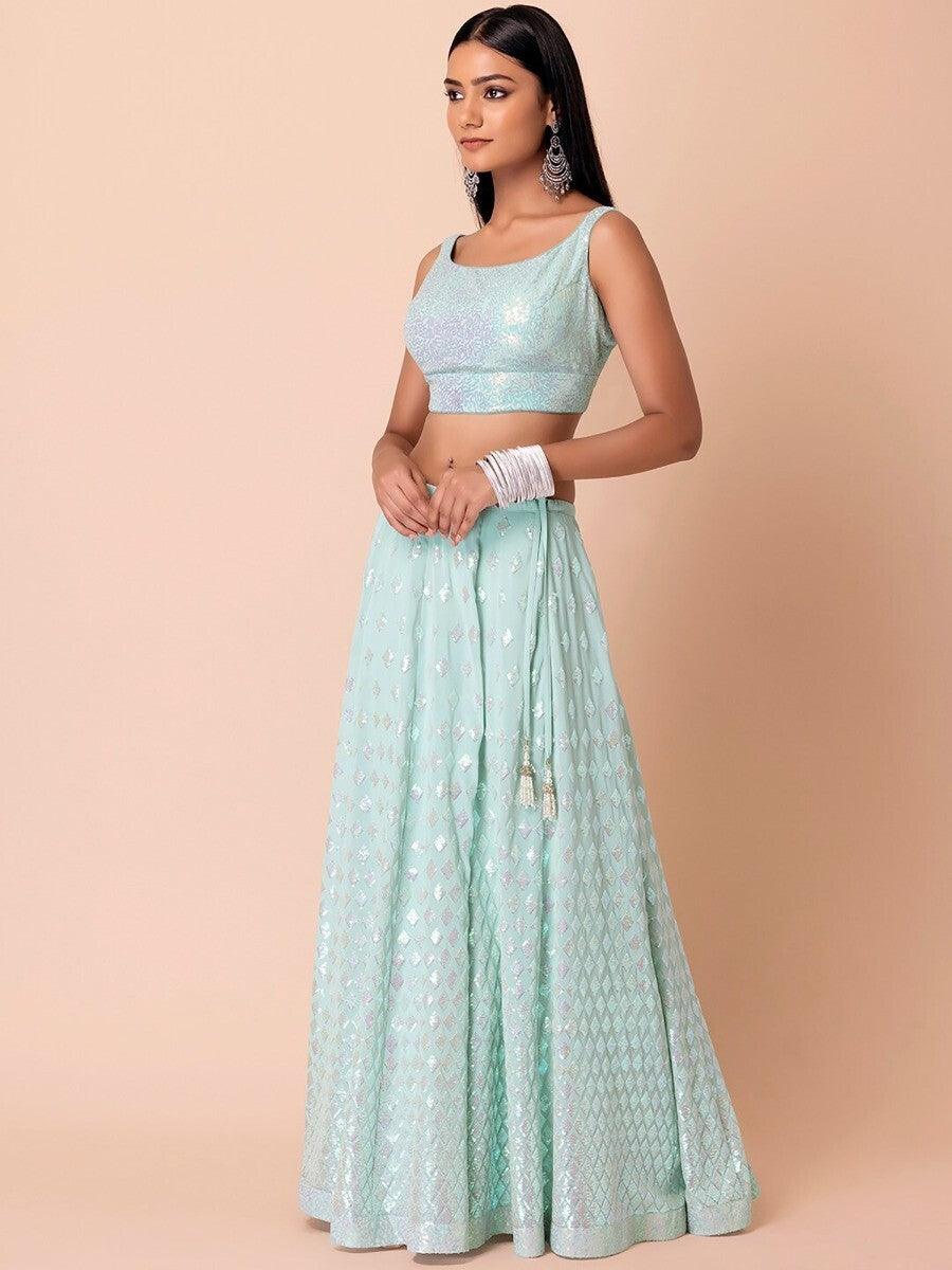 Appealing Sky-Blue Sequins Georgette Wedding Wear Lehenga Choli