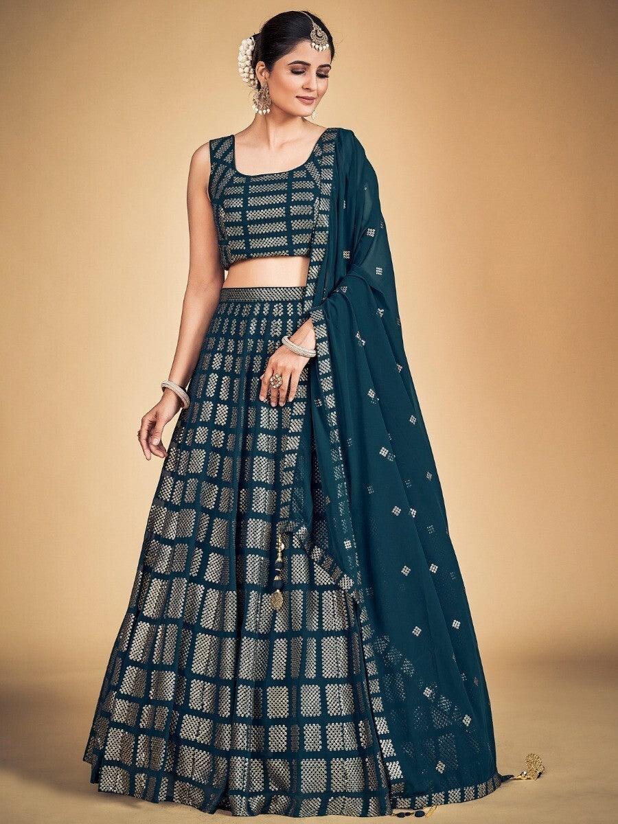 Awesome Teal Blue Sequins Georgette Engagement Lehenga Choli