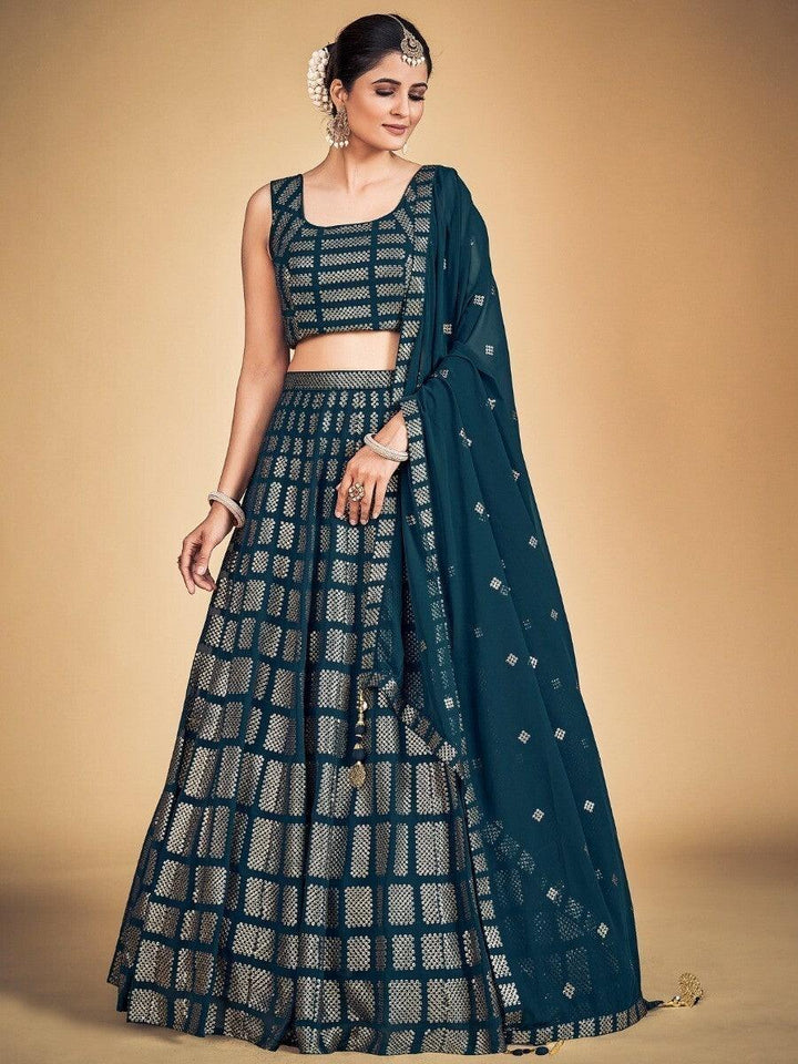 Awesome Teal Blue Sequins Georgette Engagement Lehenga Choli