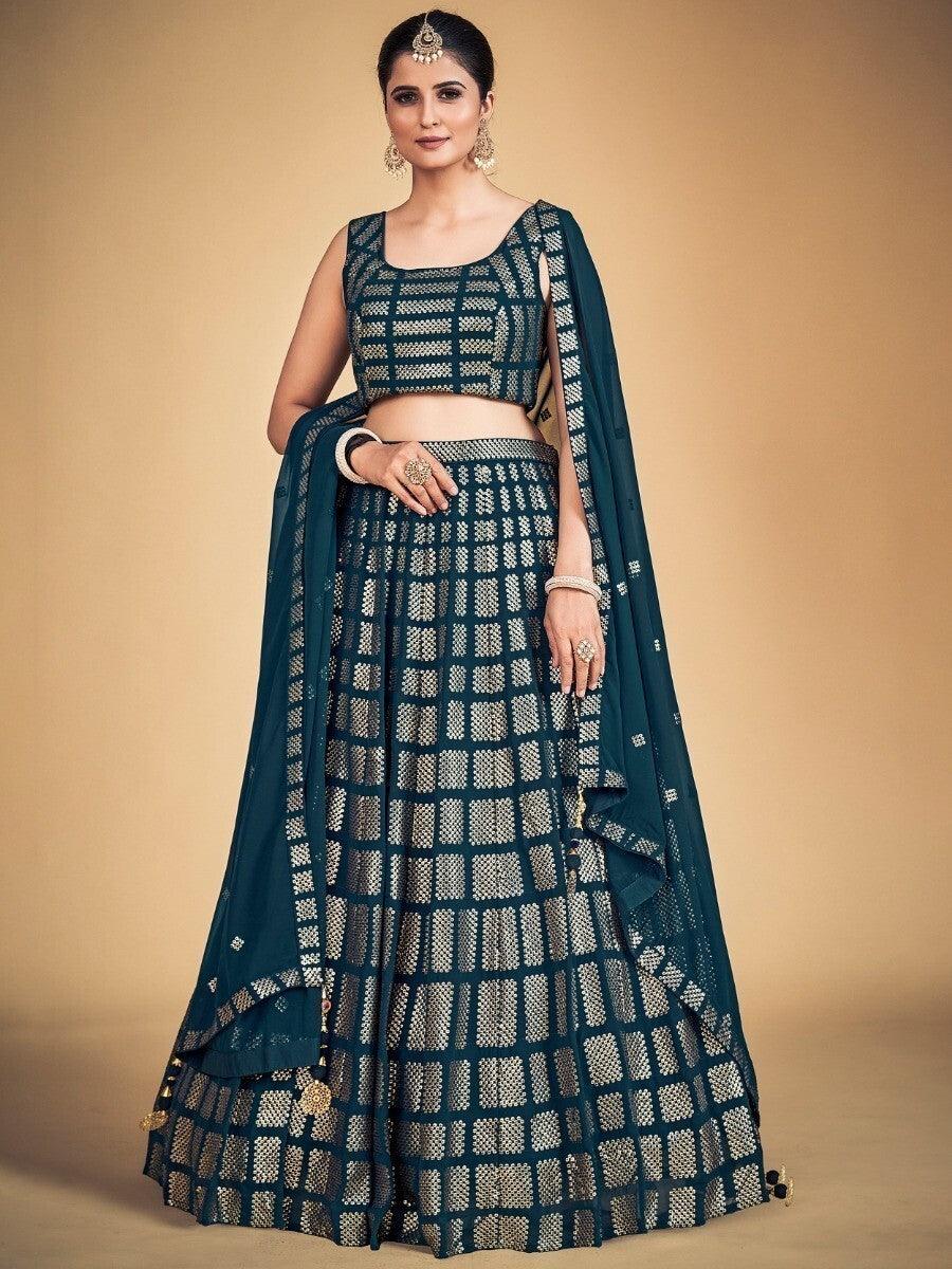 Awesome Teal Blue Sequins Georgette Engagement Lehenga Choli