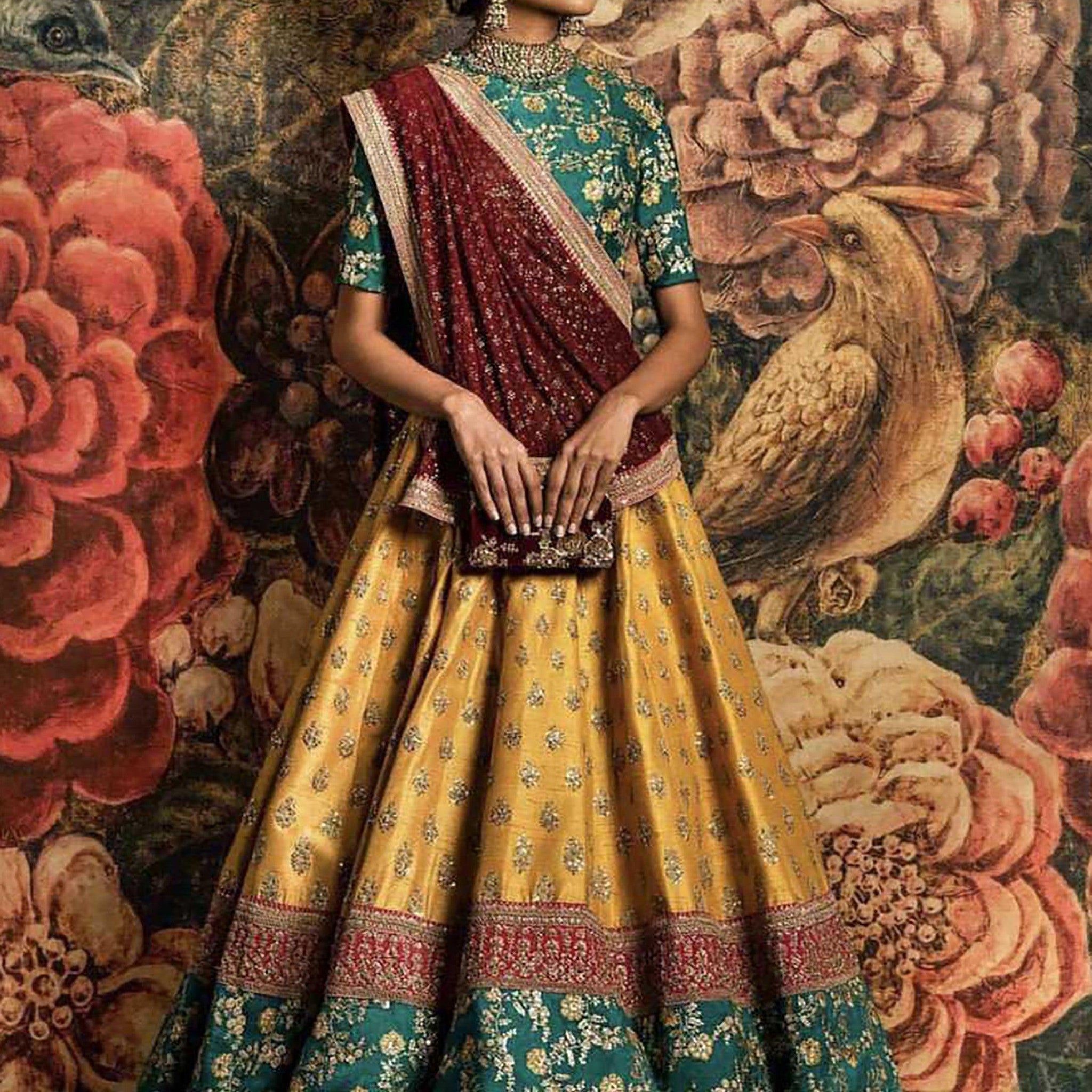 Teal Green and Yellow Embroidered Bridal Lehenga Choli