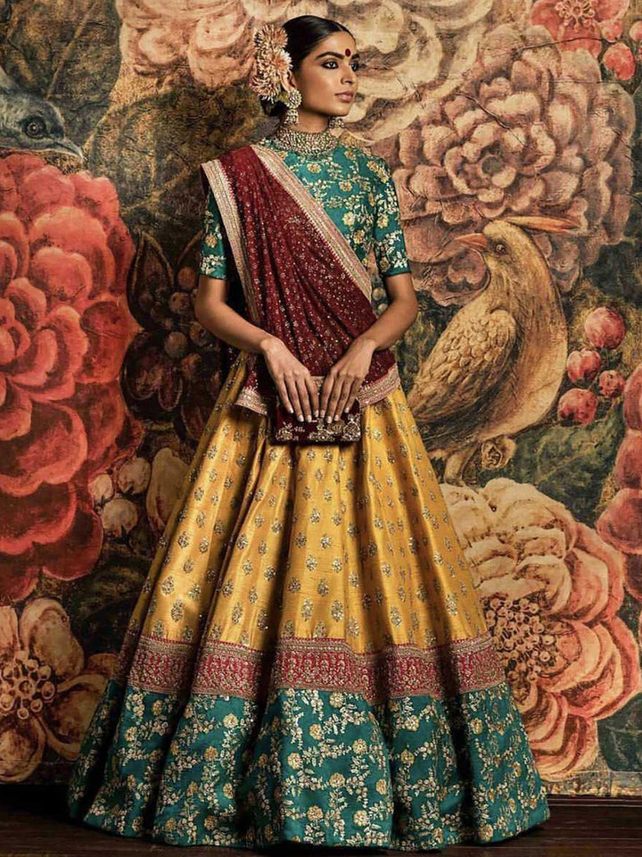 Teal Green and Yellow Embroidered Bridal Lehenga Choli