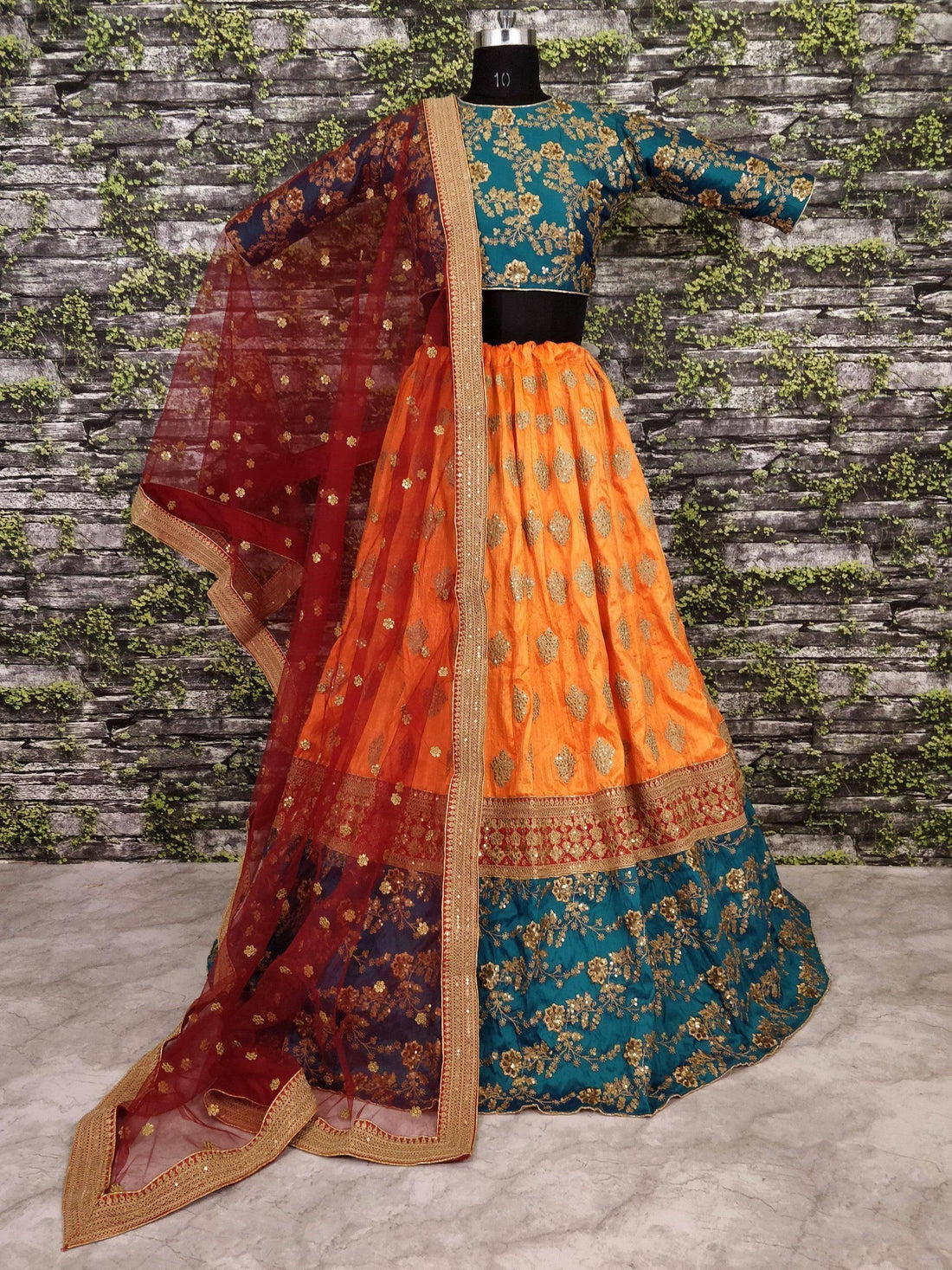 Teal Green and Yellow Embroidered Bridal Lehenga Choli