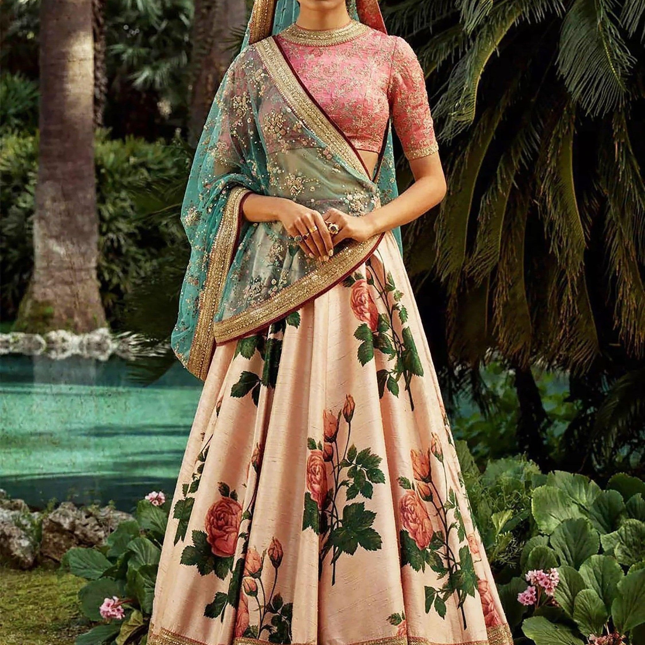 Rose Florals Printed Designer Lehengas with Embroidered Blouse