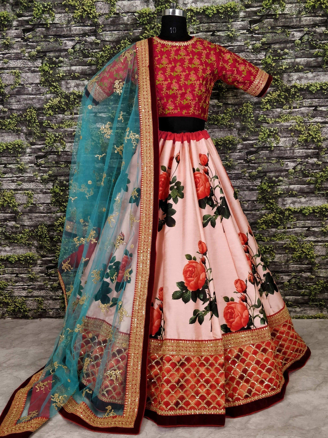 Rose Florals Printed Designer Lehengas with Embroidered Blouse