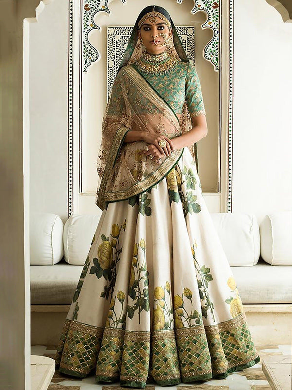White Floral Printed Designer Lehengas with Embroidered Blouse