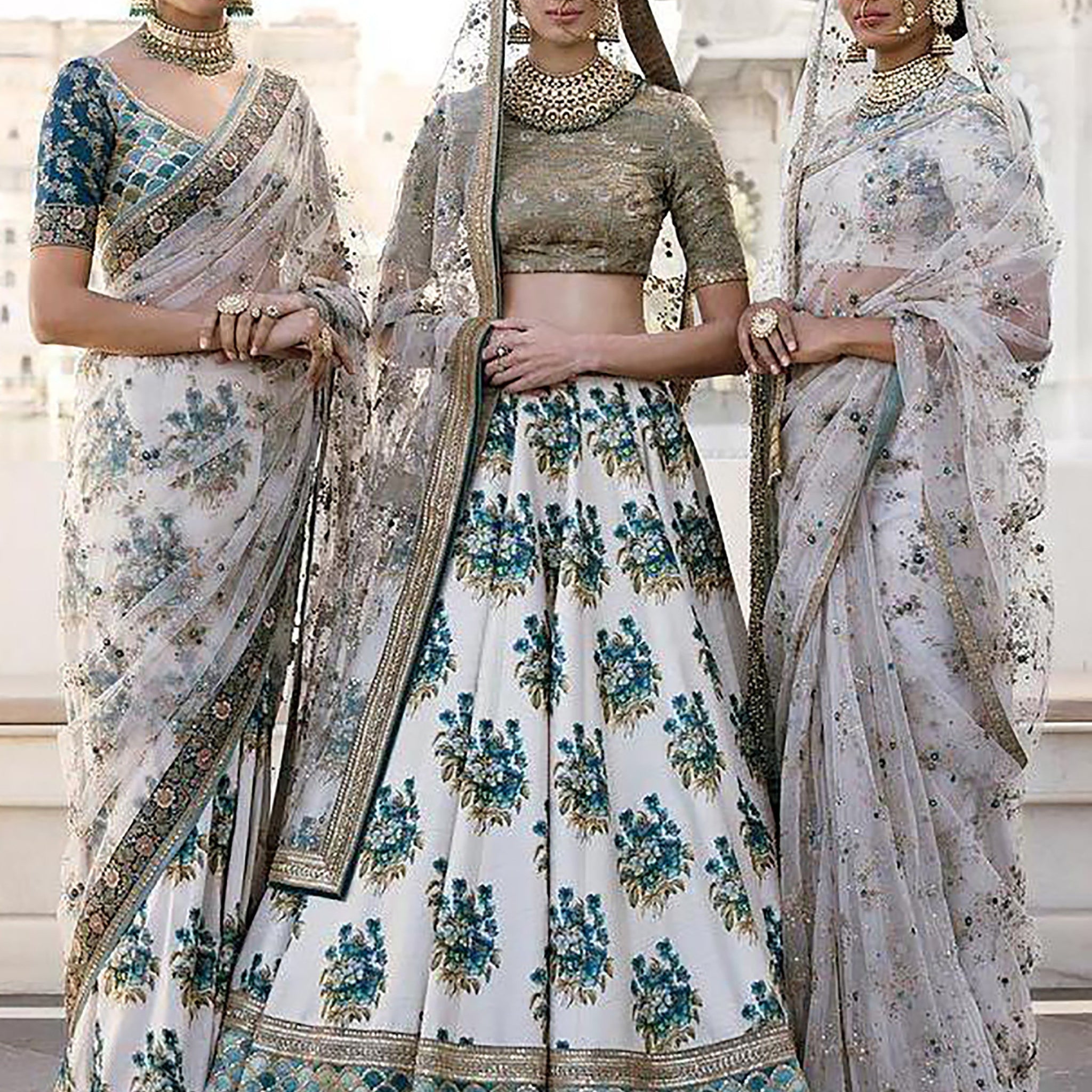 White Botanical Flower Butta Printed Lehenga with Embroidered Blouse