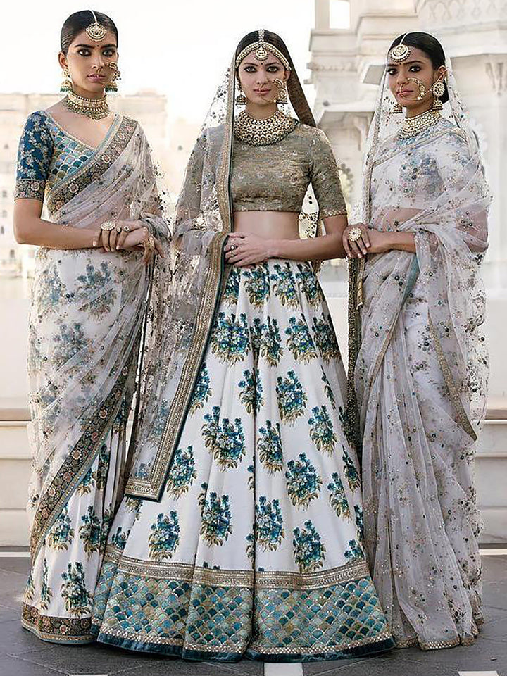 White Botanical Flower Butta Printed Lehenga with Embroidered Blouse