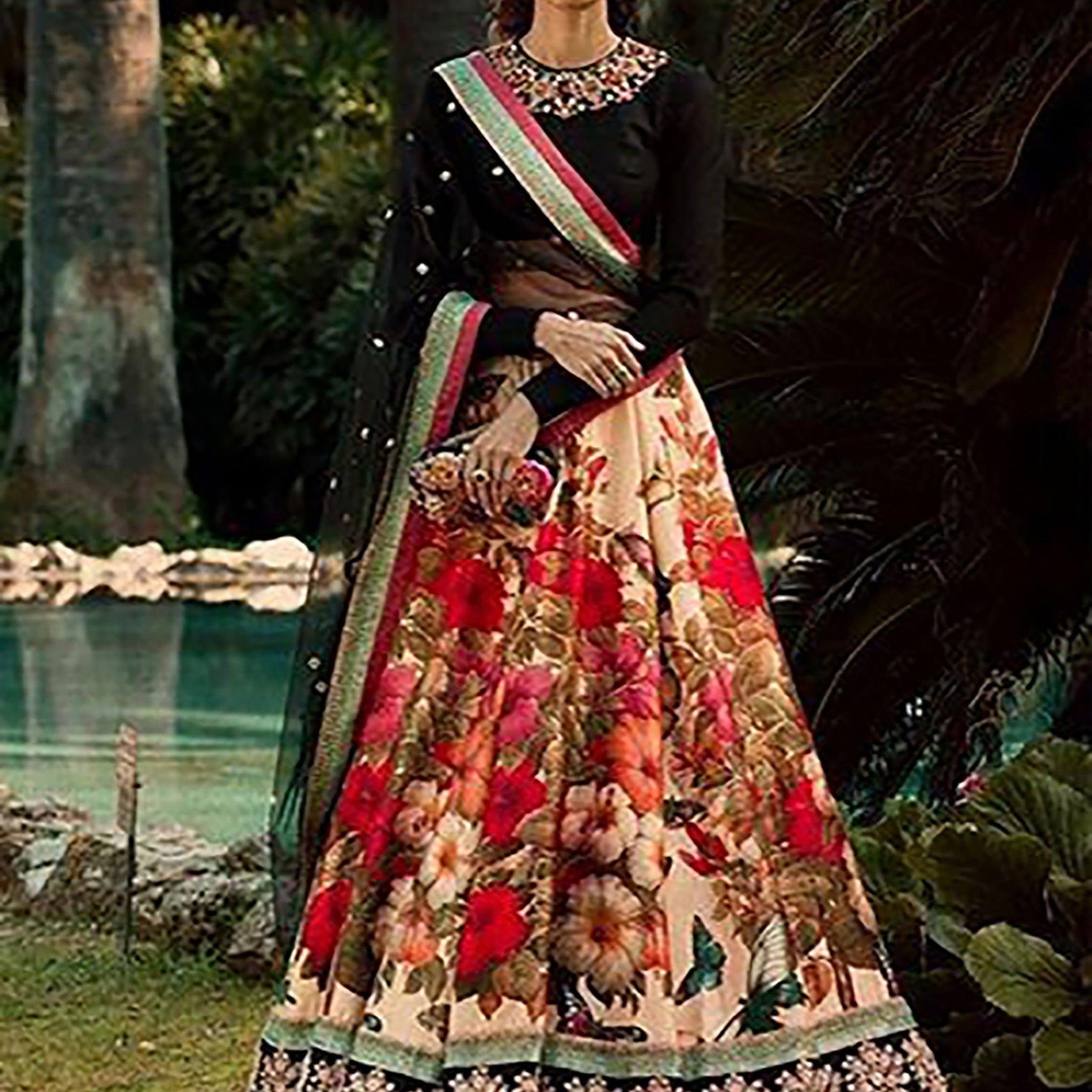 Gorgeous Colorful Floral Printed Lehenga With Black Choli