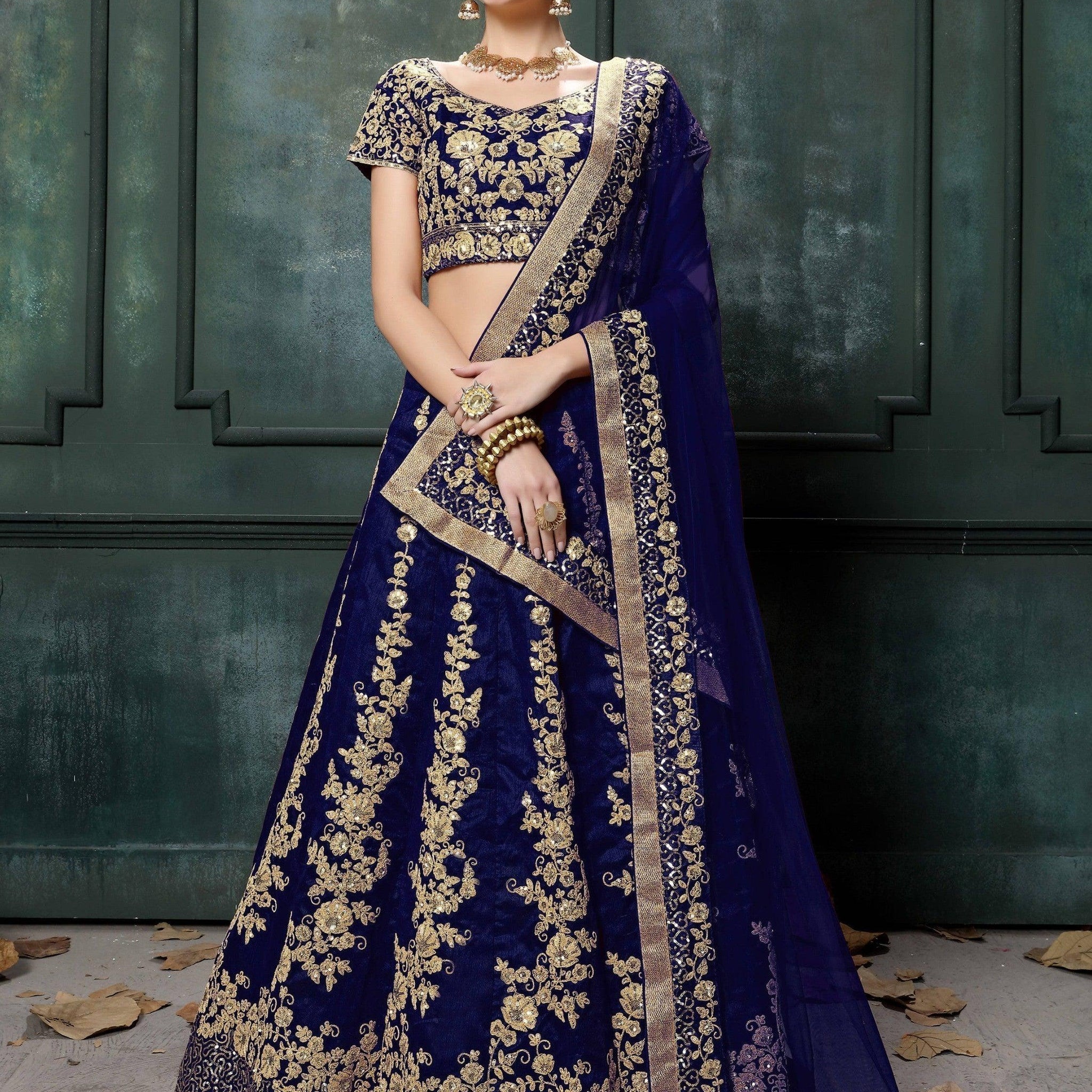 Impressive Navy Blue Colored Designer Partywear Raw Silk Lehenga Choli