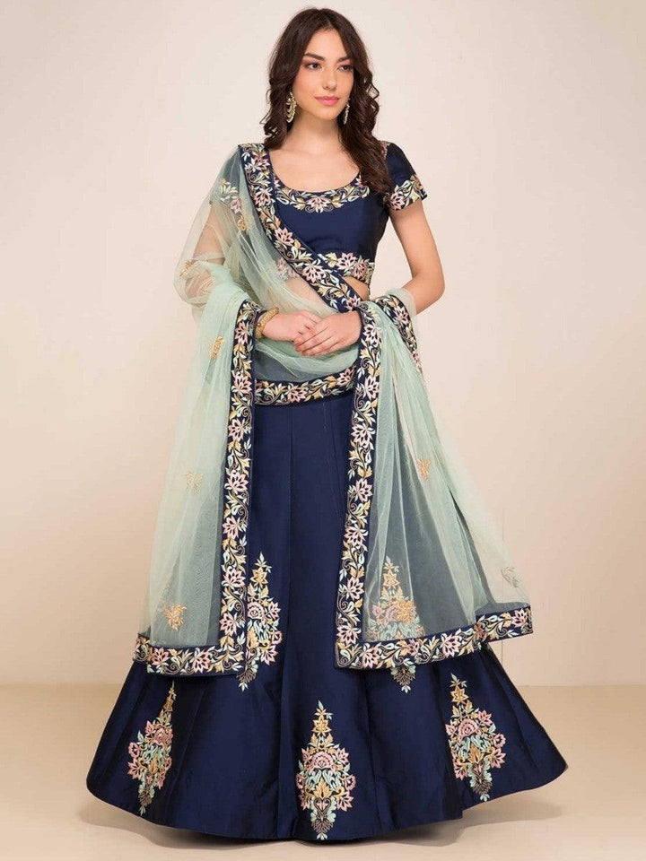Enticing Navy Blue Embroidered Silk Lehenga Choli With Dupatta