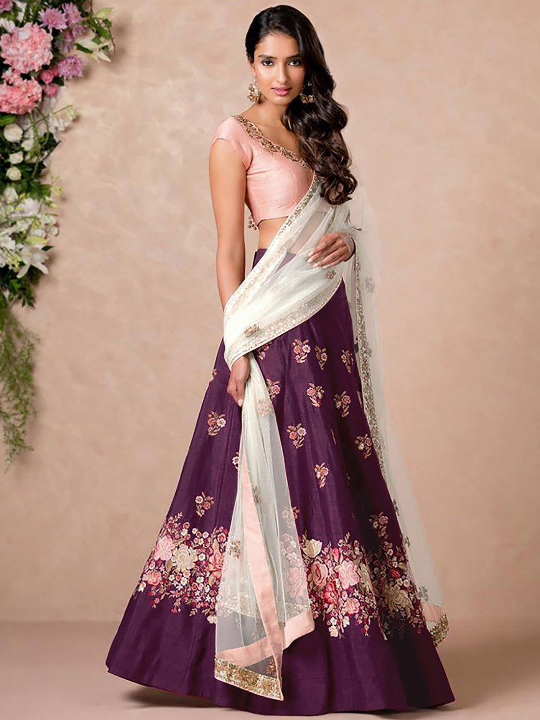 Stunning Purple Colored Floral Embroidered Lehenga Choli