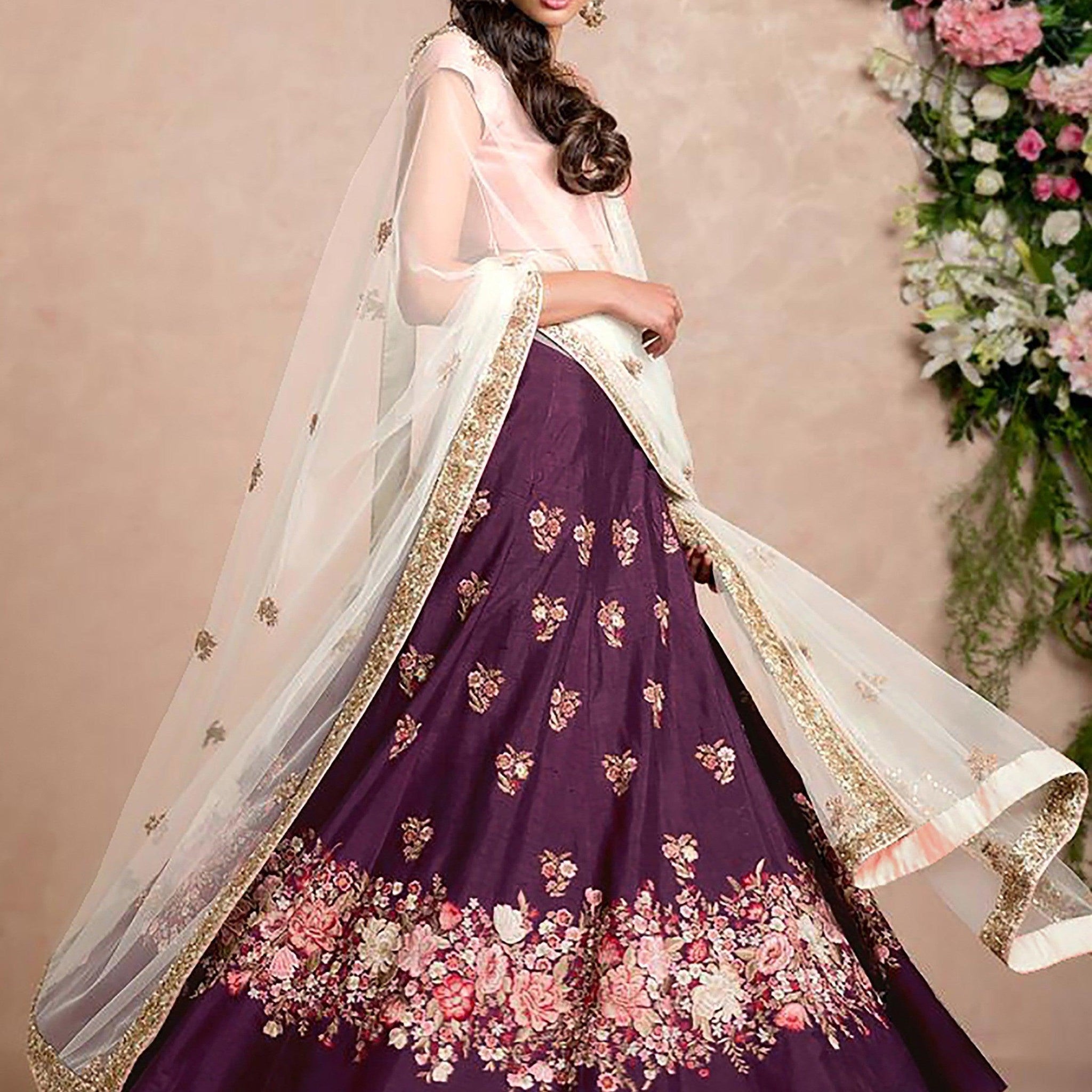 Stunning Purple Colored Floral Embroidered Lehenga Choli